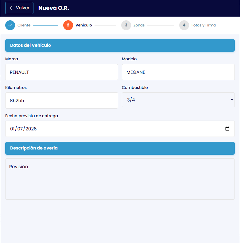 FuturoOR - Nueva OR Paso 2: Datos del vehículo y descripción de avería